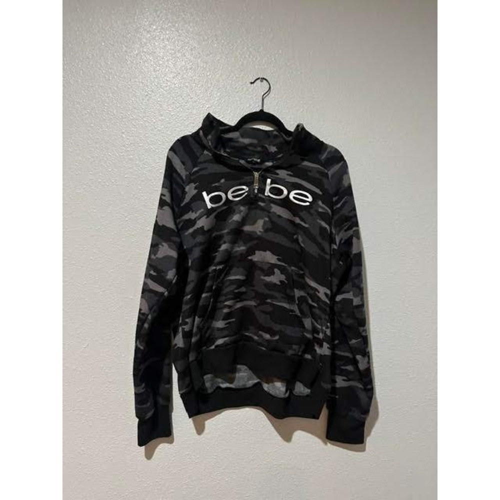 Bebe Sport Womens Camo Quarter Zip Pullover Sweatshirt Grey Black Logo Size 2X
